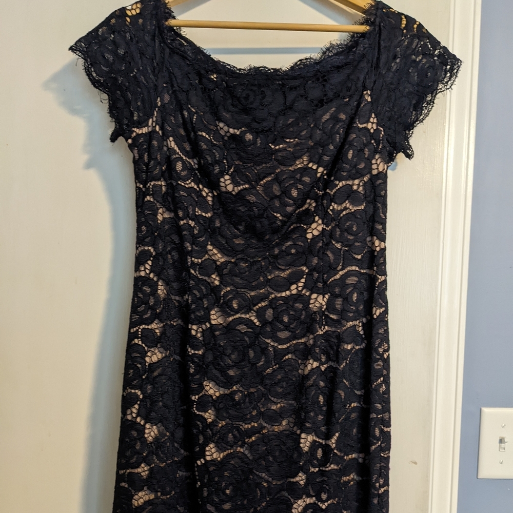 Adrianna Papell Navy Blue Lace Cocktail Dress with Tan Lining Sz 10